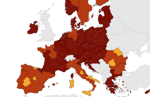 Carte européenne covid : la Belgique toujours en rouge foncé