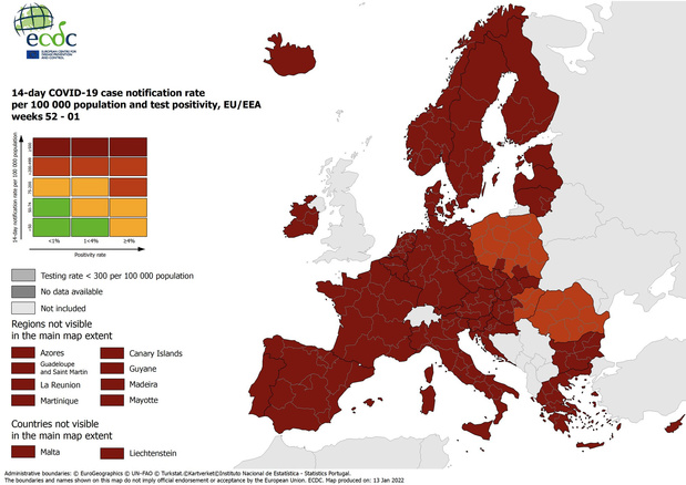 Covid: presque toute l'Europe en rouge foncé sur la carte de l'ECDC