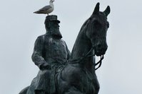 La statue équestre de Léopold II sur la digue d'Ostende recouverte de peinture rouge