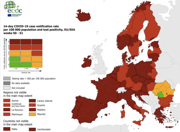 Carte européenne covid : le Sud de l'Europe totalement en rouge, la Belgique aussi