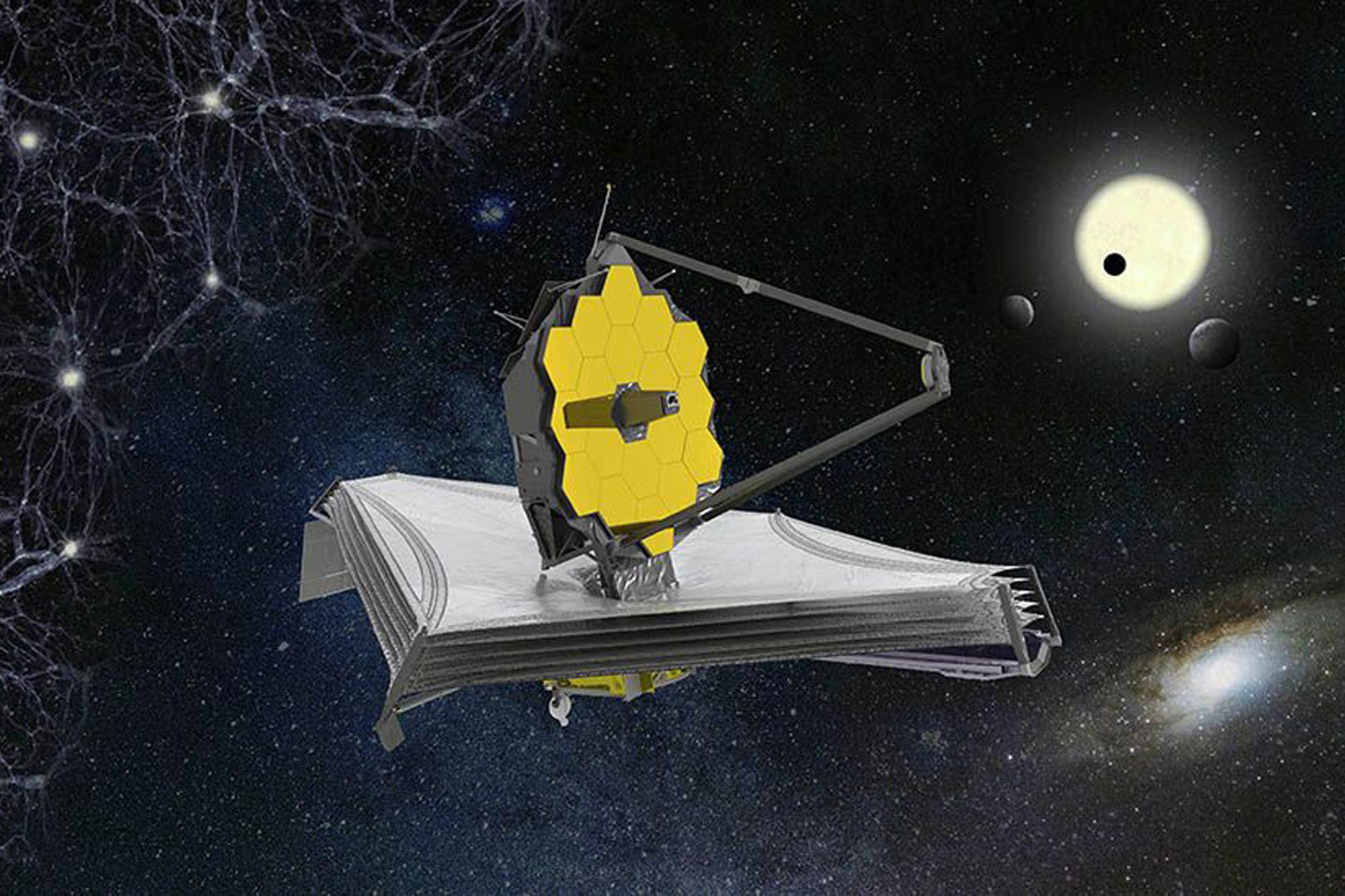 De James Webb ruimtetelescoop is genoemd naar de topman van de NASA tijdens de gloriedagen in de jaren 60, toen de bestemming nog de maan was. Verwacht wordt dat de telescoop minstens vijf jaar operationeel zal zijn, de ambitie is om dat tien jaar te blijven., ESA/SPL