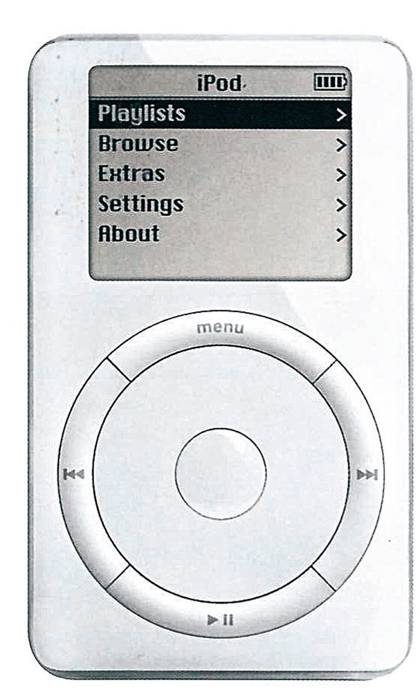 2001 - Sortie du premier iPod. Avec une mémoire de 5 Go, il peut stocker environ un millier de morceaux.