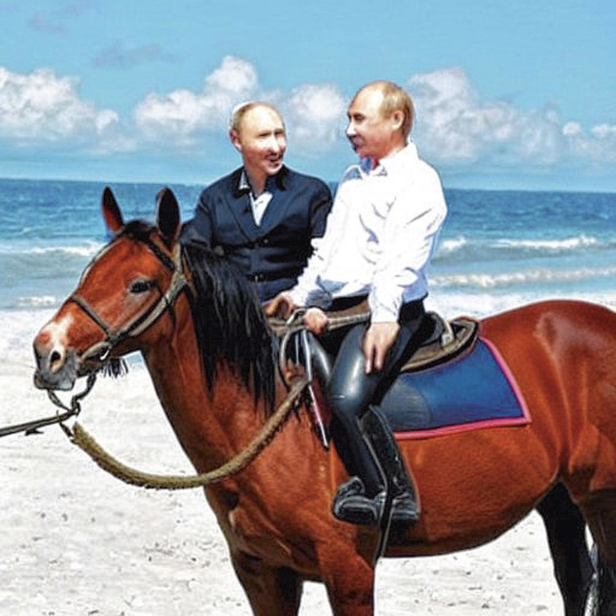 Stable Diffusion beeld met input: 'show putin on a horse in a realistic way on a sunny beach'