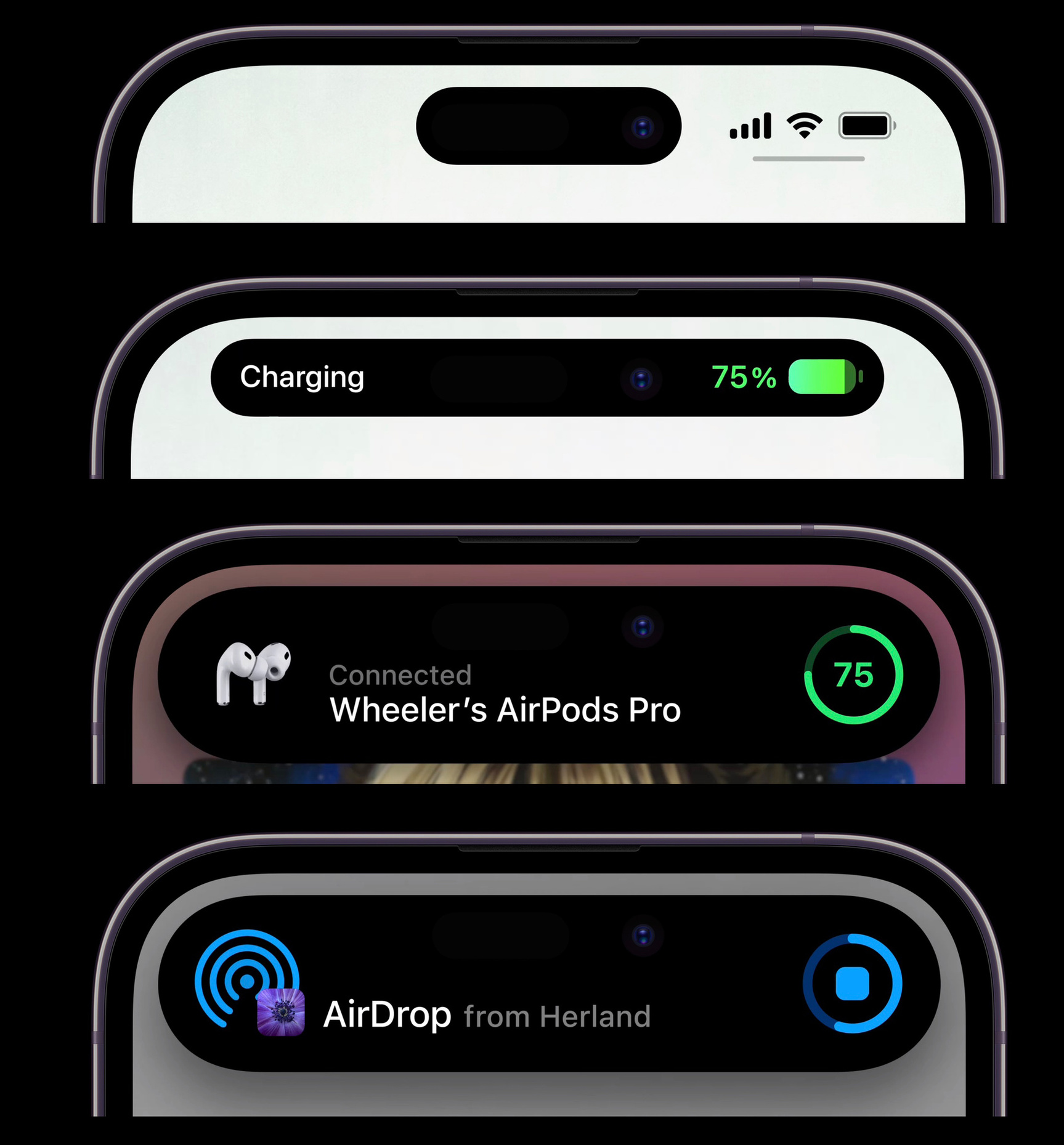 De nieuwe uitsparing van de iPhone 14 Pro en Pro Max (boven), met daaronder enkele voorbeelden van wat Apple het Dynamic Island noemt., Apple