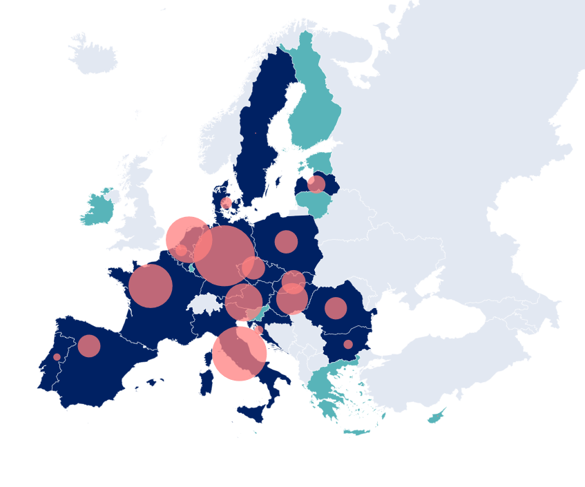 Capacité de stockage de gaz des États membres de l'UE. En vert les Etats membres en incapacité de stocker (soit Chypre, l'Estonie, la Finlande, la Grèce, l'Irlande, la Lituanie, le Luxembourg, Malte et la Slovénie), en bleu ceux qui sont en capacité., Conseil de l'UE